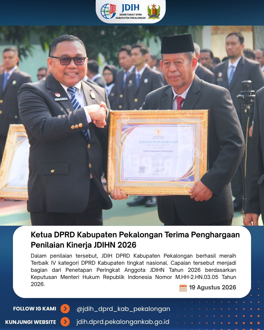 Ketua DPRD Kabupaten Pekalongan Terima Penghargaan Penilaian Kinerja JDIHN 2026